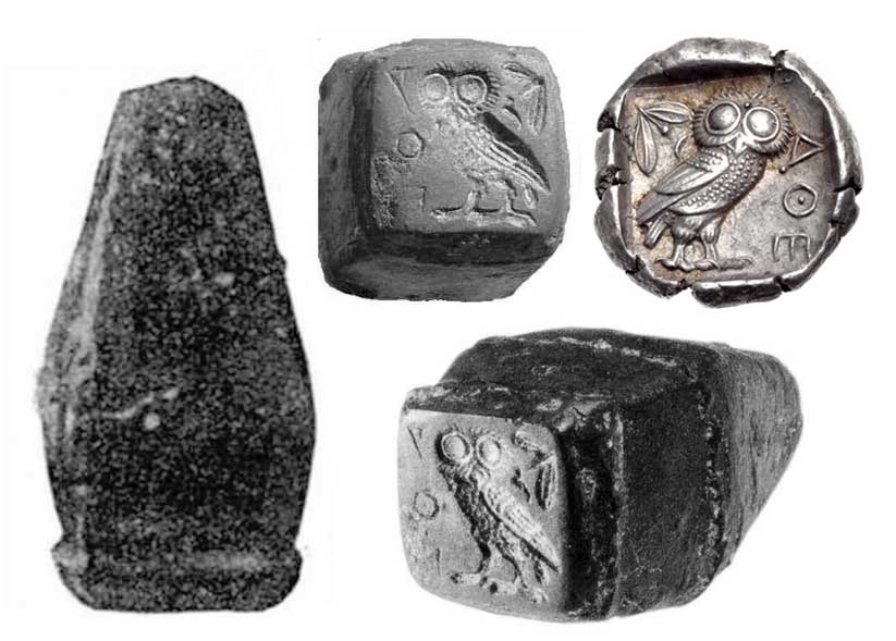 Бронзовый верхний штемпель афинской тетрадрахмы, найденный в Египте, и реверс серебряной афинской монеты 4 в. до н.э.